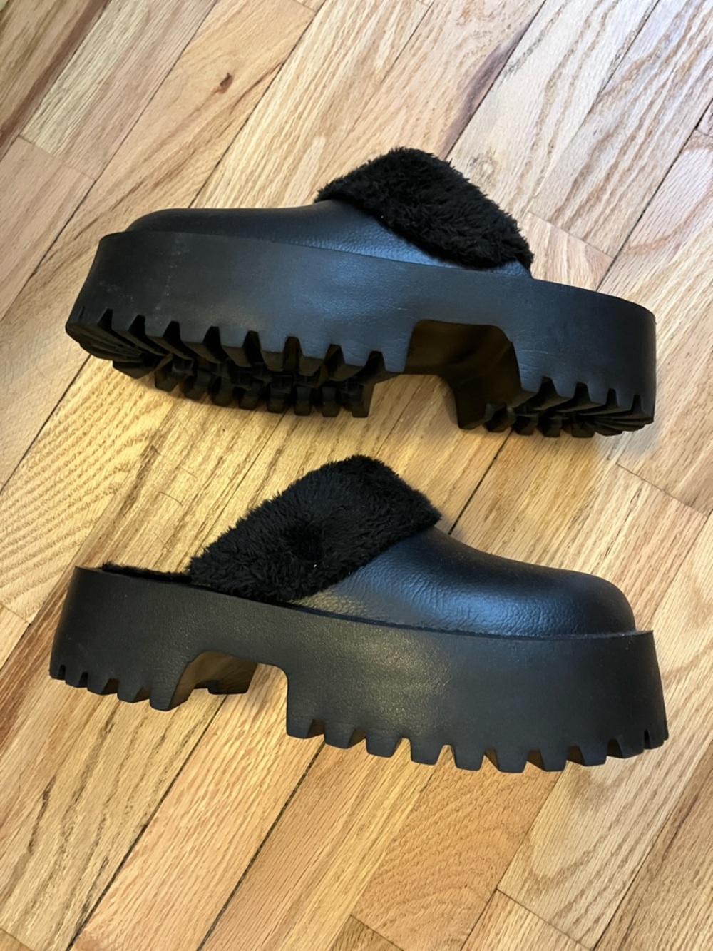 Black Chunky Lug-Sole Slide Clog with Faux Shearling Strap